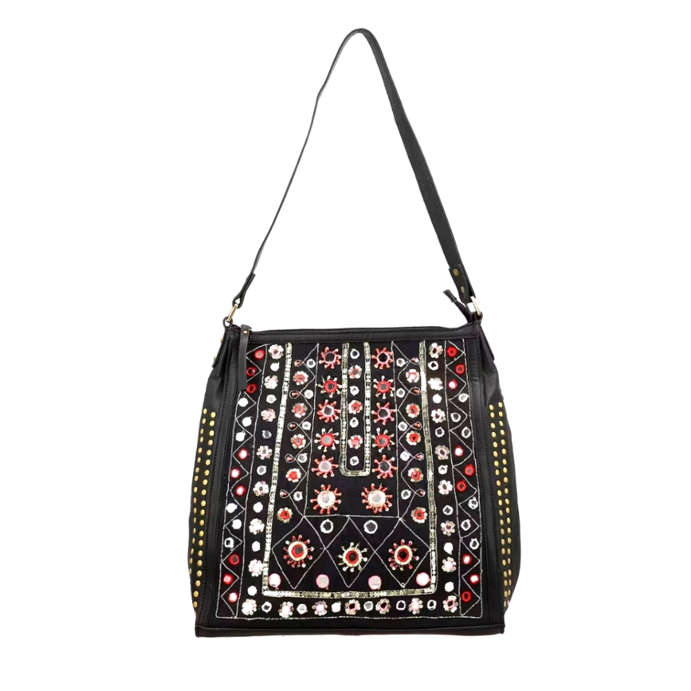Embroidered Black Genuine Leather Shoulder Bag